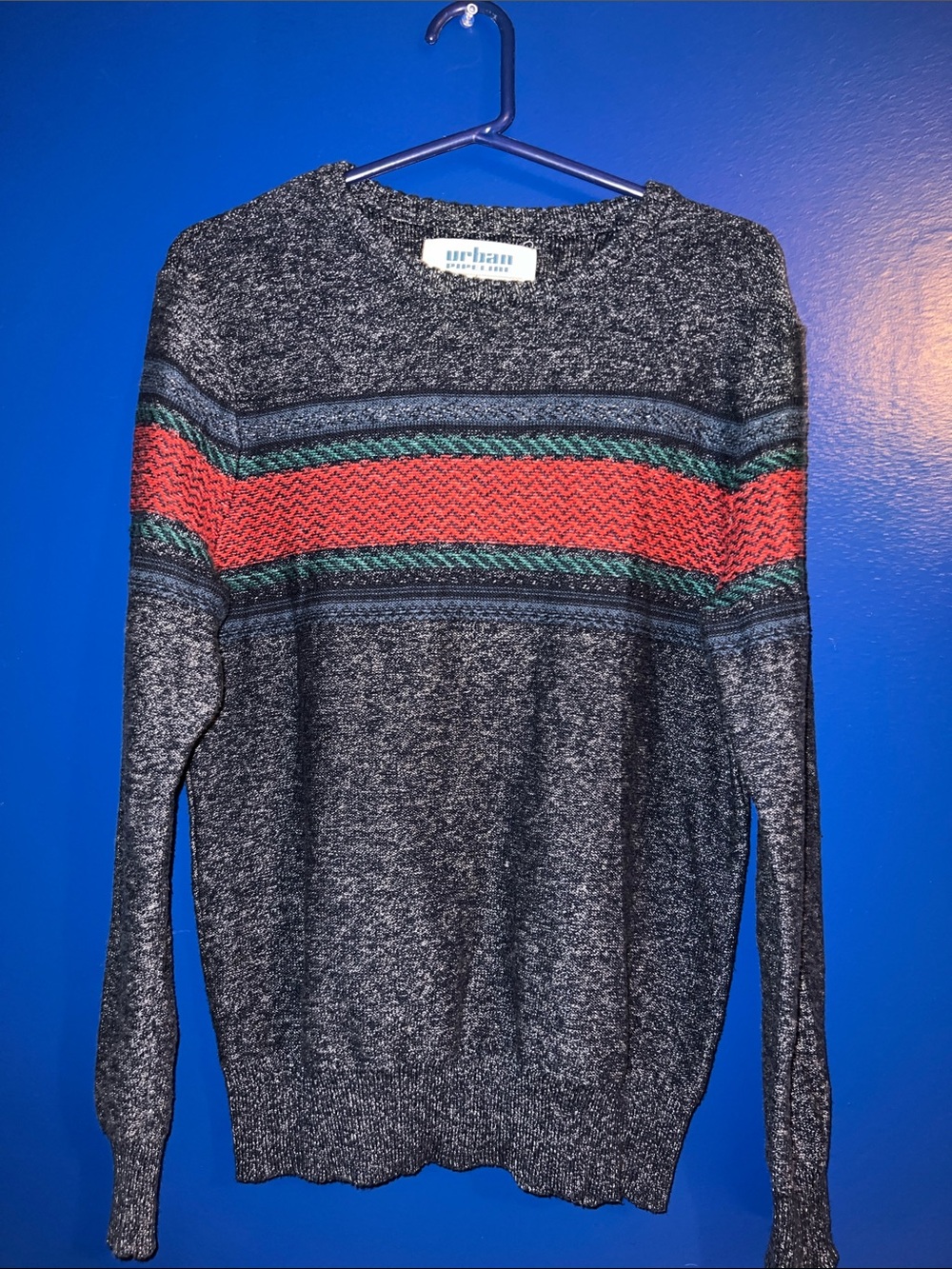 Urban Pipeline Gray Crewneck Sweater with Red & Green Stripes